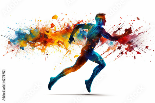 Running man silhouette crafted entirely from vibrant and colorful triangles and a splash of colors, creating a dynamic prism effect against a clean white background. Ai generated