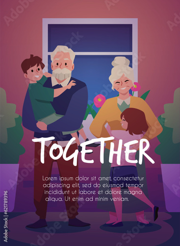 Grandparents and grandchildren spend time together, warm family hugs, cartoon vector happy grandparents day poster photo