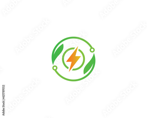 Green tech energy logo design with electric bolt symbol vector illustration.