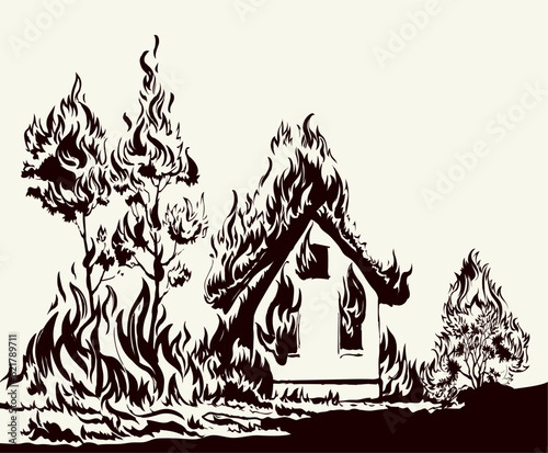 Vector drawing. Burning house and trees