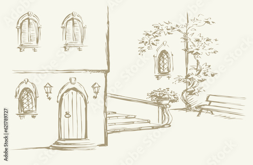Vector Sketch. A comfortable bench in an old quiet courtyard