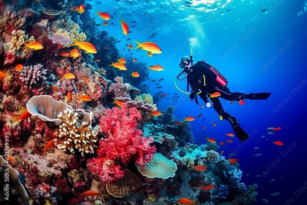 Scuba diving man exploring a breathtaking coral reef teeming with ...