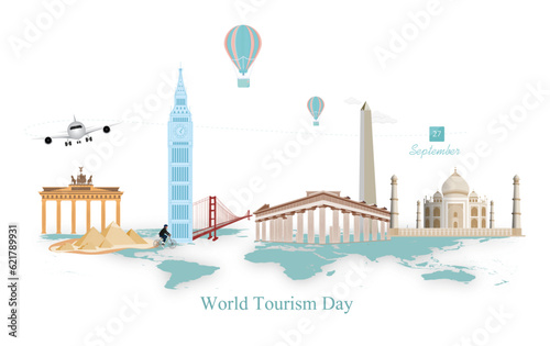 World Tourism Day.27 September.important monuments on a world map and white background.
