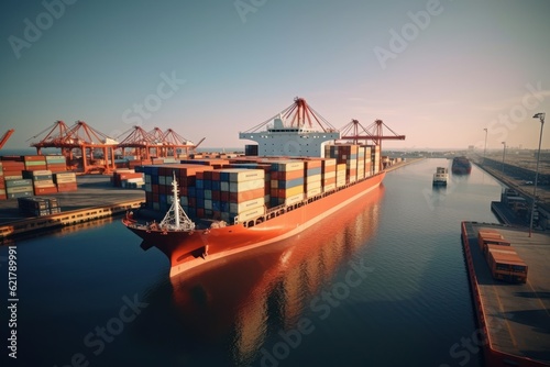 Container ship at the berth in the cargo terminal of the port. A fully loaded vessel is ready for international sea transportation. Global cargo delivery concept. 3D illustration.