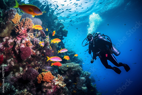 Wallpaper Mural Scuba diving man exploring a breathtaking coral reef teeming with vibrant marine life, offering a captivating glimpse into the rich biodiversity and beauty of the ocean. Ai generated Torontodigital.ca
