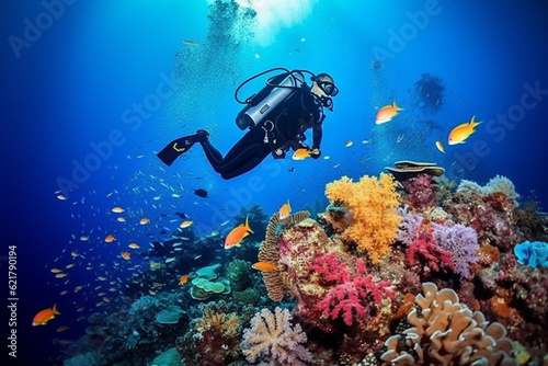 Wallpaper Mural Scuba diving man exploring a breathtaking coral reef teeming with vibrant marine life, offering a captivating glimpse into the rich biodiversity and beauty of the ocean. Ai generated Torontodigital.ca