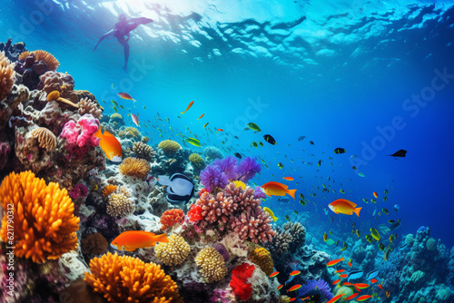 Scuba diving man exploring a breathtaking coral reef teeming with vibrant marine life, offering a captivating glimpse into the rich biodiversity and beauty of the ocean. Ai generated © twindesigner