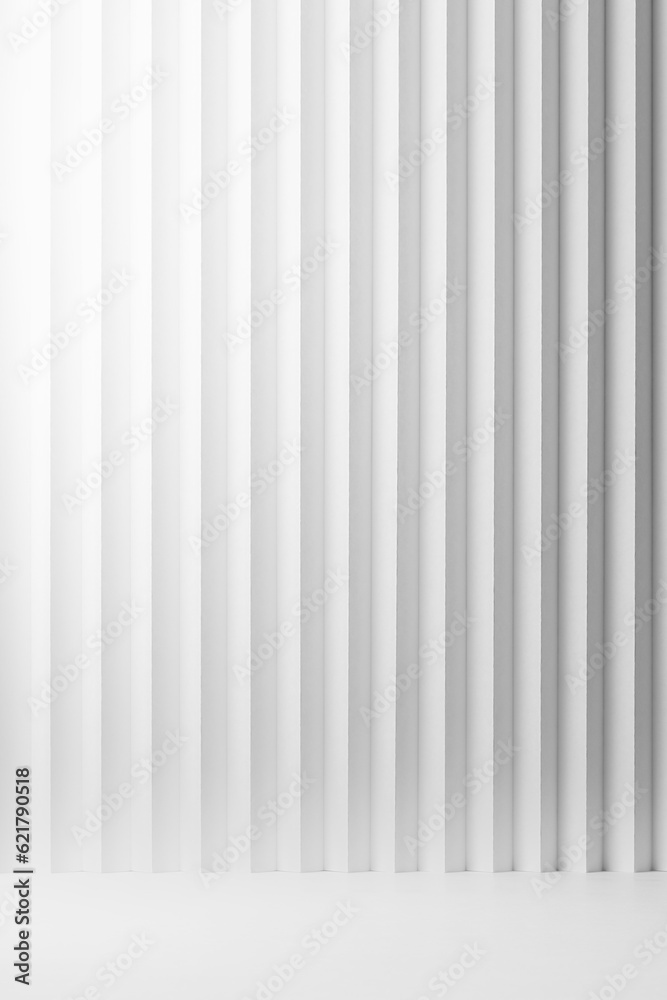 White abstract background of vertical striped rippled gradient light pattern, perspective, floor, stage mockup for presentation cosmetic products, goods, advertising, design, modern purity calm style. White abstract background of vertical striped rippled gradient light pattern, perspective, floor, stage mockup for presentation cosmetic products, goods, advertising, design, modern purity calm style.