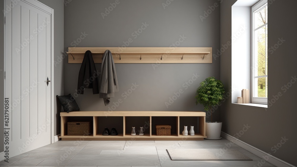 Fototapeta premium Stylish interior of a hallway in a country house. Gray walls, wall hangers, shoe cabinets, plant in a floor pot, rug on the floor, home decor. Modern cozy interior. Mockup, 3D rendering.