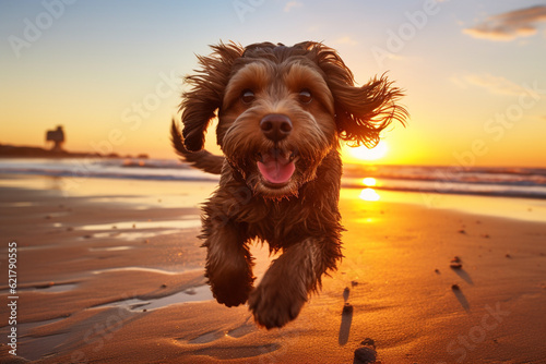 Wet dog running freely on a beach during a mesmerizing sunset. playful spirit of our furry friends as they revel in the refreshing waters and golden hues of a sunset. Ai generated