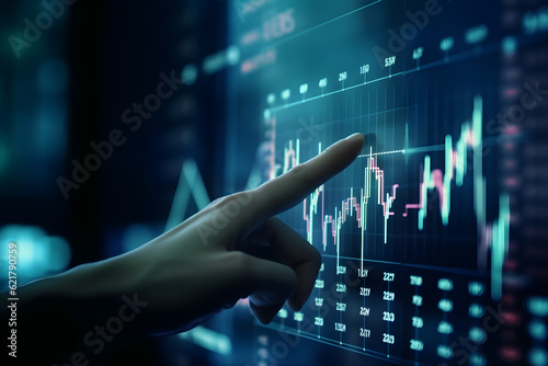 Navigating the Stock Market Businessman Pointing Finger at Market Graph on Digital Screen. generative ai