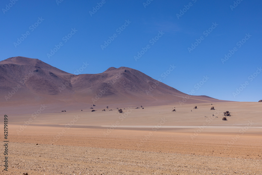 Picturesque Salvador Dali Desert, just one natural sight while traveling the scenic lagoon route through the Bolivian Altiplano in South America 