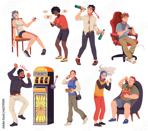Cartoon people with addicted. Characters with bad habits, alcoholics, smokers, drug and gambling addicts, eating disorders and coffee drinking, health harmful behavior, tidy vector set