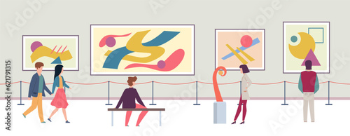 Museum. Art gallery. Visitors of modern exhibition, tourists looking at pictures. Men and women enjoy watching contemporary artworks. People on excursion. Cartoon isolated vector illustration