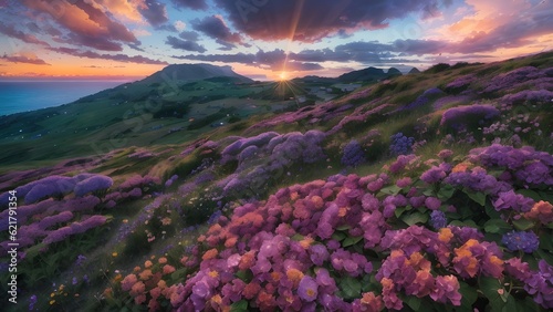 Beautiful flowers on mountains at sunset - ai generated photo