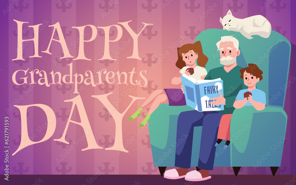 Vector postcard for happy grandparents day, grandfather reads fairy tale to granddaughter, grandson sitting on armchair Vector postcard for happy grandparents day, grandfather reads fairy tale to granddaughter, grandson sitting on armchair