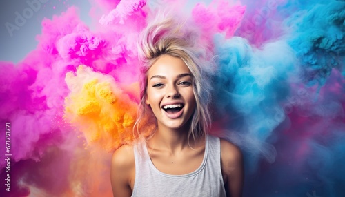 Happy blonde woman smiling in a cloud of colorful smoke on a white background, having fun, colors, color explosion, holi, LGBTQ+, party, peace, inclusive, beauty, freedom. Generative AI.