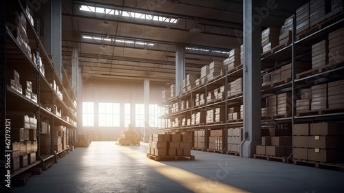 Large industrial warehouse. Tall racks completely filled with boxes and containers. Cardboard boxes on pallets. Daylight fills the room through the windows. Global logistic concept. 3D illustration.