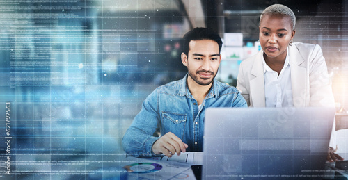 Laptop, mockup and overlay, man and woman in office with data, web technology and brainstorming. Meeting, workshop and problem solving, employees in collaboration with advice and online analytics.