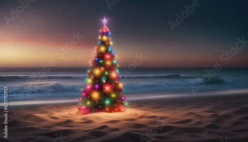 Fototapeta Naklejka Na Ścianę i Meble -  Beautiful christmas tree at the beach with lots of copy space