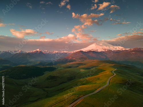 Elbrus mount at sunrise. Gil-Su valley in North Caucasus, Russia.
