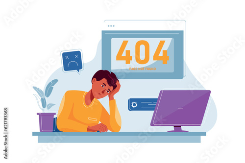 404 page not found concept with people scene in the flat cartoon design. An office worker is upset because he cannot open a website. Vector illustration.
