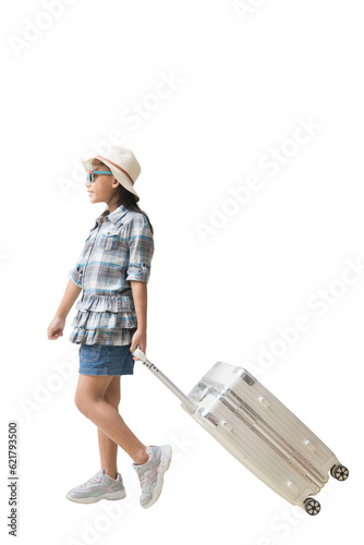 Happy smiling asian little girl walking with a suitcase, adventure vacation travel trip dream concept. Full body isolated on white background