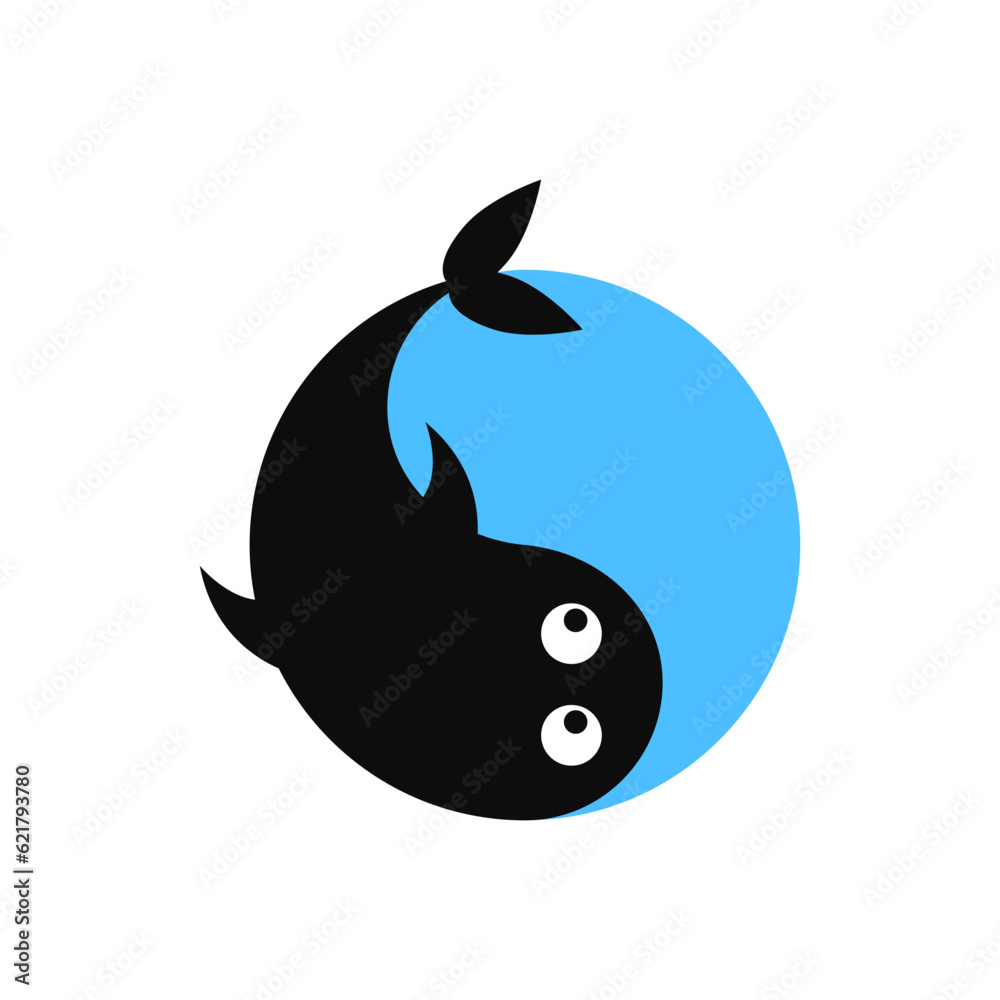 Round logo with a large cartoon fish swimming in the water. Vector design. Round logo with a large cartoon fish swimming in the water. Vector design.