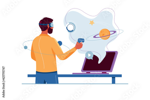 Metaverse concept with people scene in the flat cartoon design. A man is in the metaverse with the help of digital gadgets. Vector illustration.