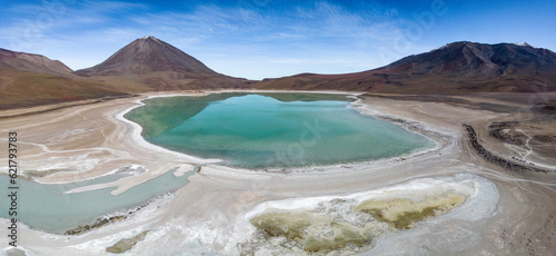 Aerial view of the picturesque Laguna Verde with Licancabur Volcano, just one natural sight while traveling the scenic lagoon route through the Bolivian Altiplano - Panorama
 photo