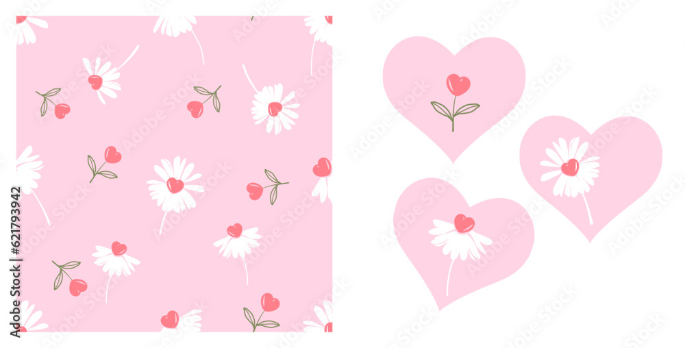 Seamless pattern of daisy flower and heart shape plant on pink background vector illustration. Cute flower on pink heart signs.