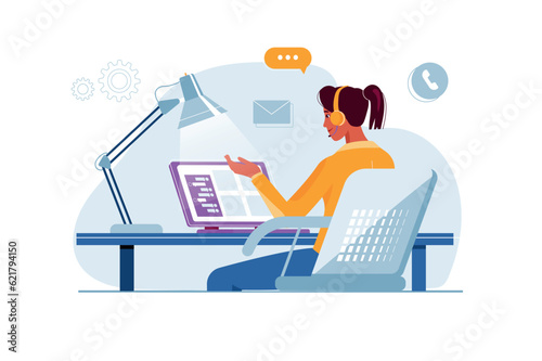 Tech support concept with people scene in the flat cartoon design. A technician tries to solve customer problems over the phone. Vector illustration.