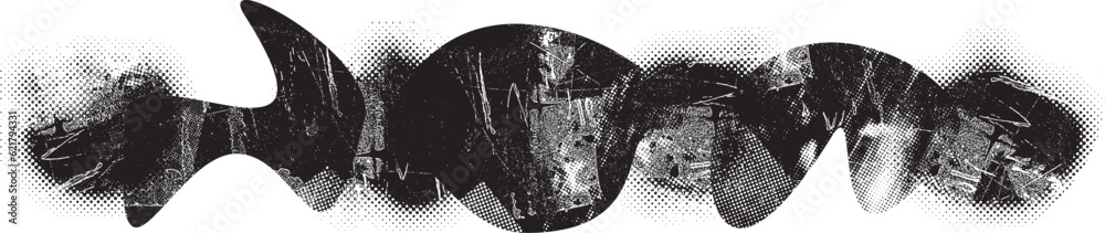 Fototapeta premium Glitch distorted grange shape . Noise grungy logo . Trendy defect error shapes . Glitched frame .Grunge textured . Distressed effect .Vector shapes with a halftone dots screen print texture.