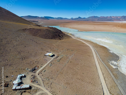 Aerial view of Laguna Chalviri, just one natural sight while traveling the scenic lagoon route through the Bolivian Altiplano in South America photo