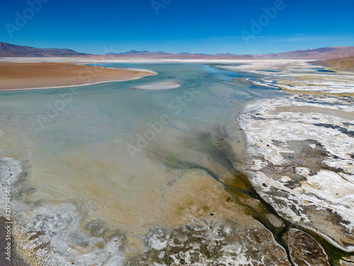 Aerial view of Laguna Chalviri, just one natural sight while traveling the scenic lagoon route through the Bolivian Altiplano in South America