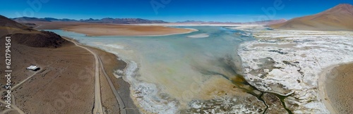 Aerial view of Laguna Chalviri, just one natural sight while traveling the scenic lagoon route through the Bolivian Altiplano in South America - Panorama