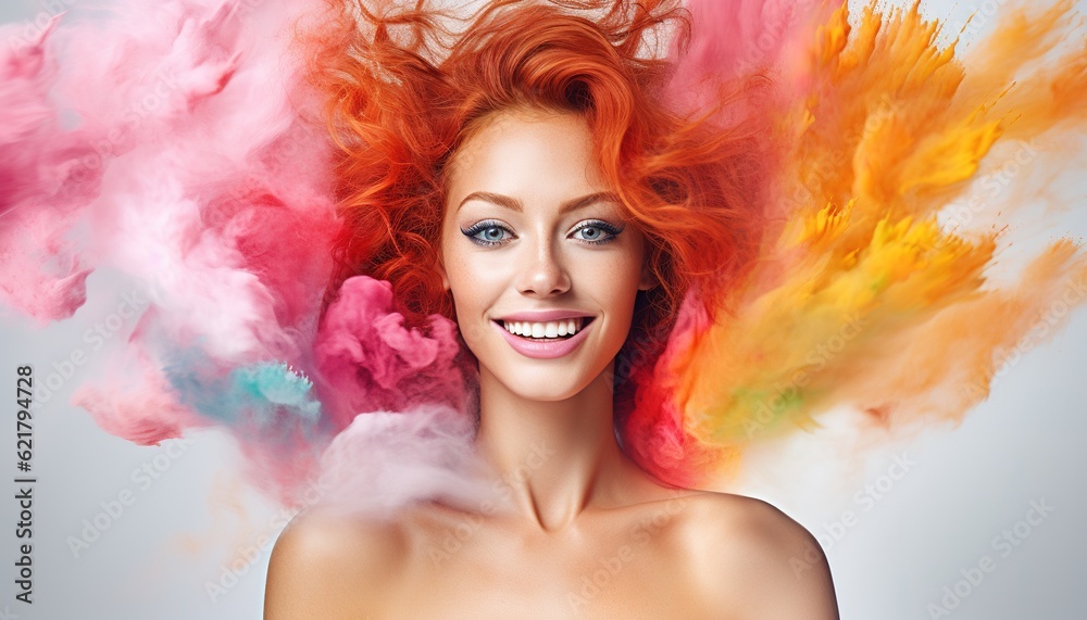 Happy redhead woman smiling in a cloud of colorful smoke and powder on a white background, having fun, colors, LGBTQ+, party, peace, inclusive, beauty, freedom. Generative AI.
