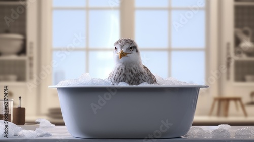 Realistic Seagull Portrait In Bathtub With Octane Render Style photo