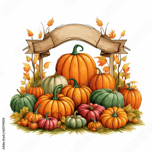 Vintage illustration of a farmer s market sign for a pumpkin patch. Pumpkins and autumn leaves around the sign.