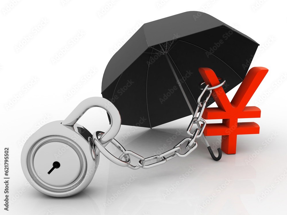 3d illustration Yen Symbol sign protection lock with umbrella