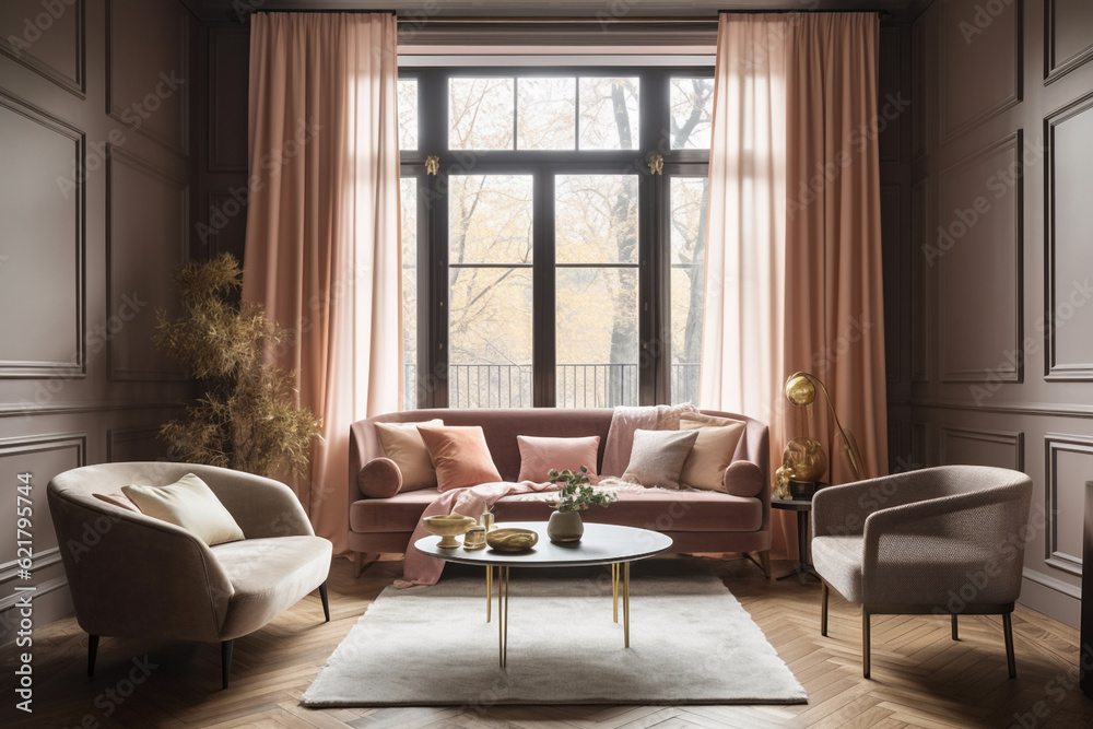 modern living room - a pink couch chair and table sitting in front of window in a small living room