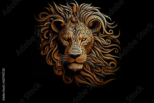 illustration of a lion head style like graphic novel mixed with Maori tattoo art isolated against black background 