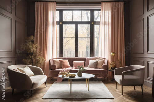 modern living room - a pink couch chair and table sitting in front of window in a small living room © JazzRock