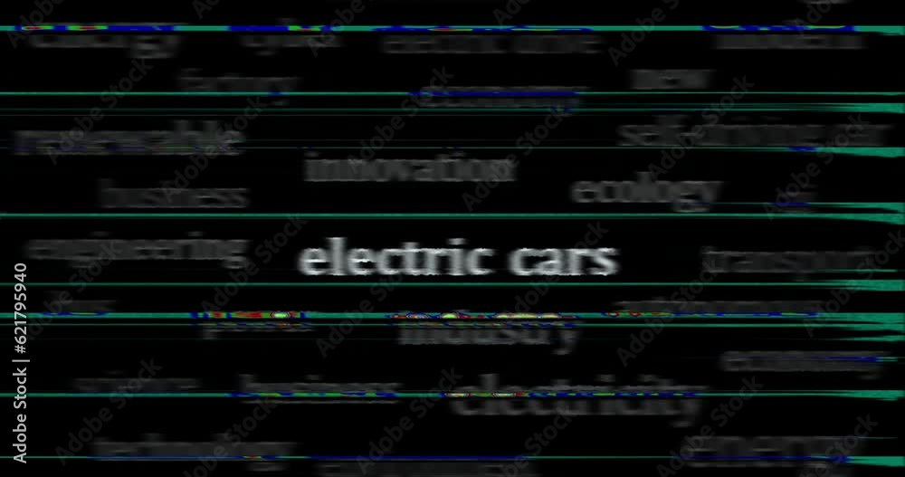 Electric cars EV clean and sustainable transport and green energy headline news across international media. Abstract concept of news titles on noise displays loop. TV glitch effect seamless looped. Electric cars EV clean and sustainable transport and green energy headline news across international media. Abstract concept of news titles on noise displays loop. TV glitch effect seamless looped.