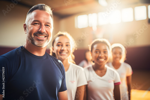 smilling volleyball coach and youth woman team ai generated art