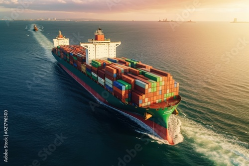 Aerial view of cargo ship carrying containers. Fully loaded container ship in the sea, a coastline with city buildings and beautiful sunset in the background. Global transportation. 3D illustration.