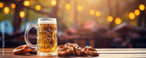 Bavarian pretzels with big beer in mug on wooden table, festival Oktoberfest, panorama. Generative Ai.