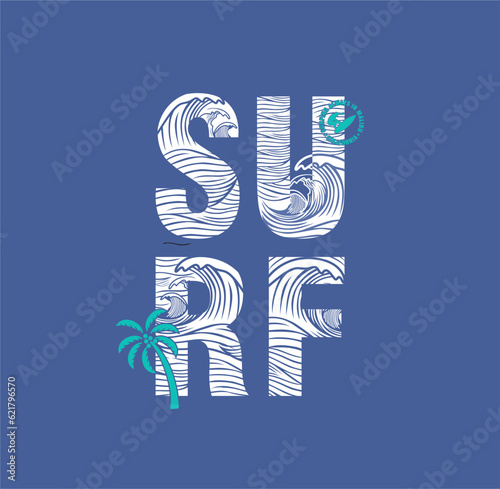 Vector illustration on the theme of surf and surfing in Hawaii. Grunge background. Typography, t-shirt graphics, print, poster, banner, flyer, postcard