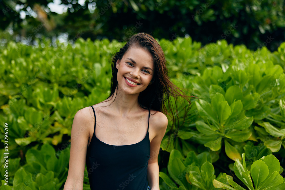 woman nature beautiful smiling walk fashion lifestyle t-shirt freedom park summer