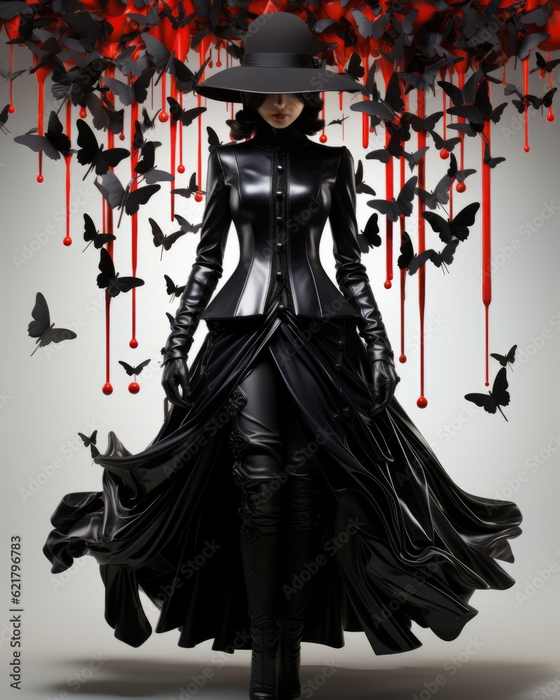 Obraz premium WOMAN DRESSED IN BLACK LEATHER WITH CAPE AND BLACK BUTTERFLIES. IMAGE AI